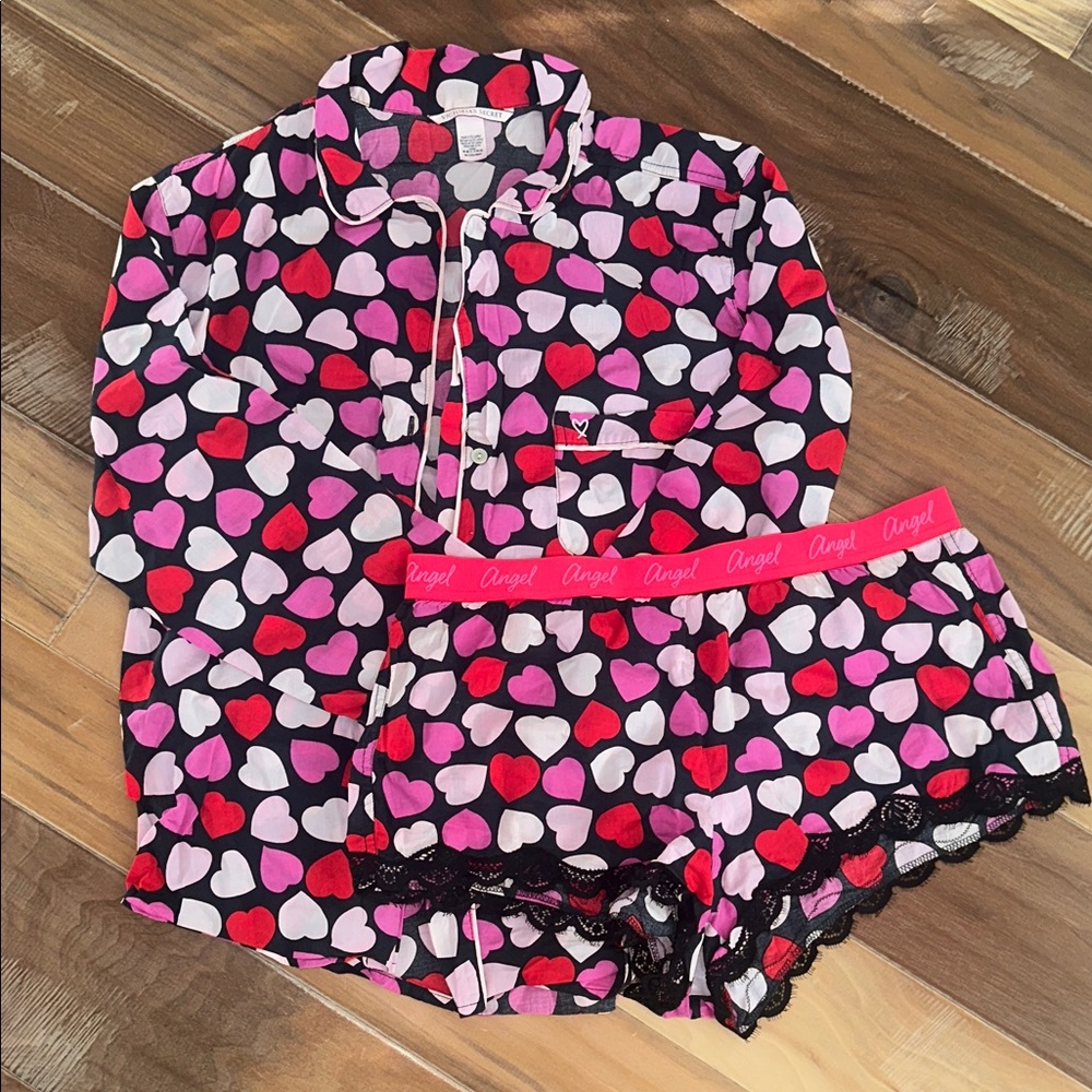 Victoria’s Secret Heart Valentine’s Day themePajama Set - Pink, White, and Black